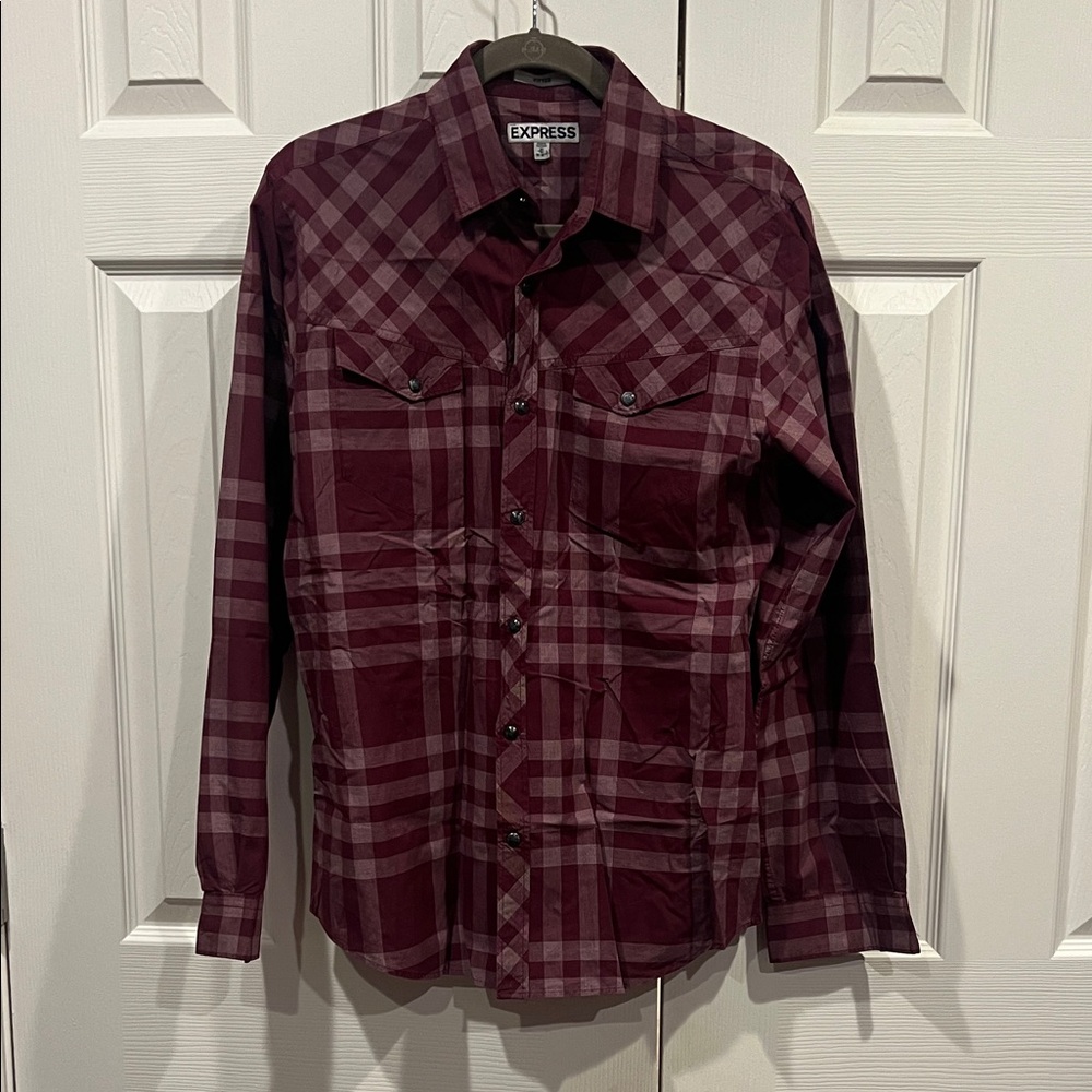 Express Men's Burgundy Plaid Button-Down Shirt